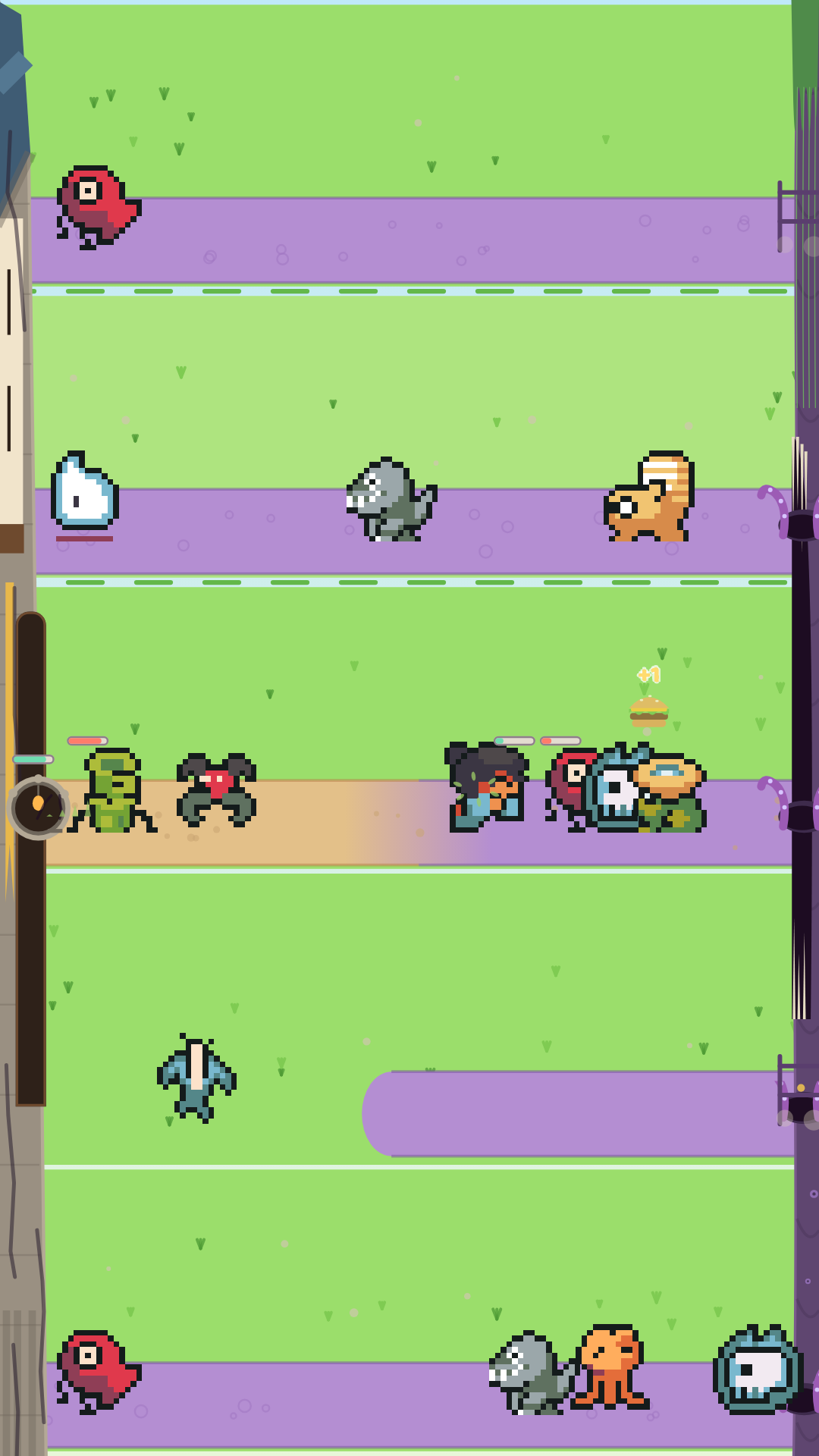 Lane Strike mid-battle: ninjas and monsters on several roads at once, health bars over their heads and a collector carrying a snack